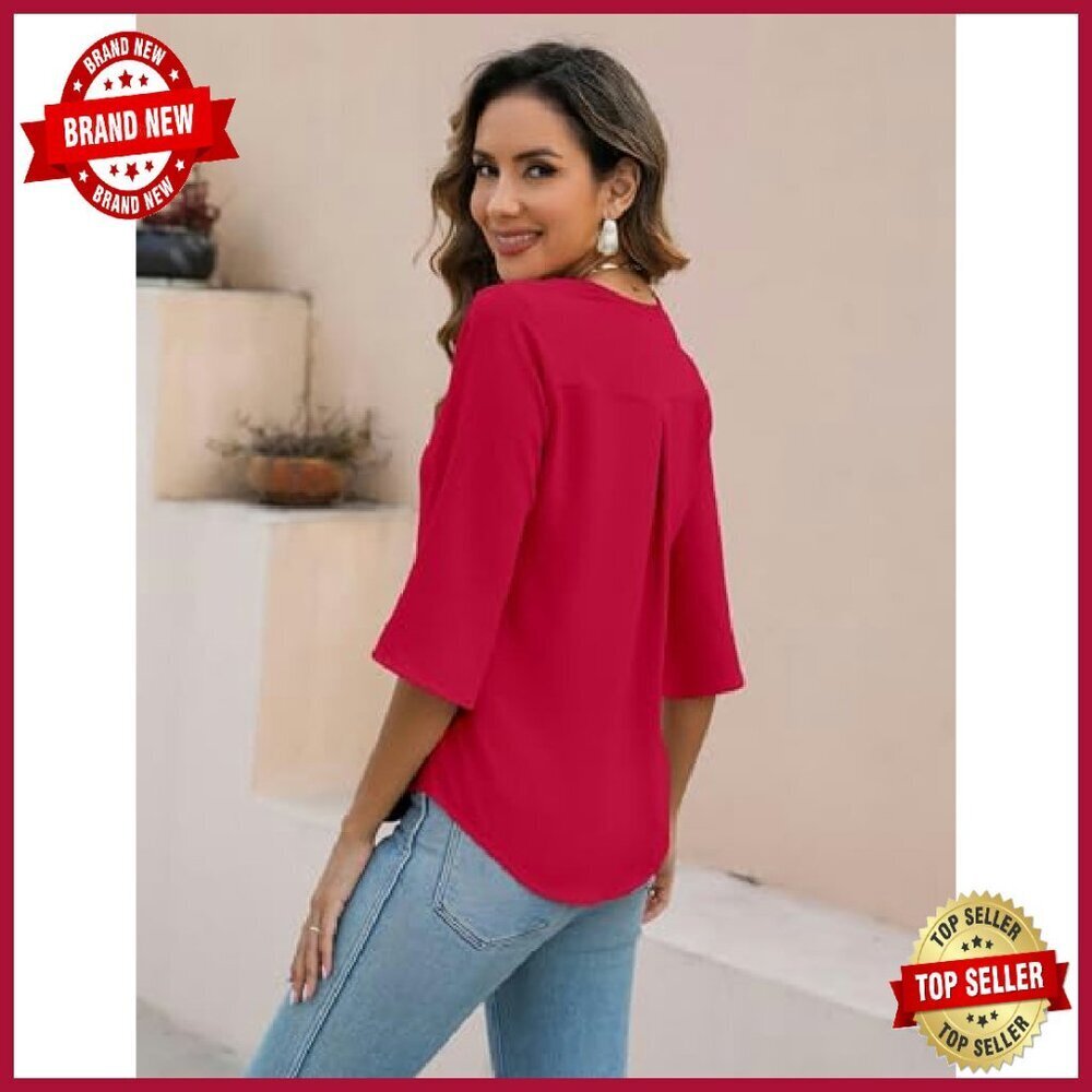 Women's 3/4 Sleeve V Neck Ruffle Blouse Business Casual Summer Top - Picture 4 of 8